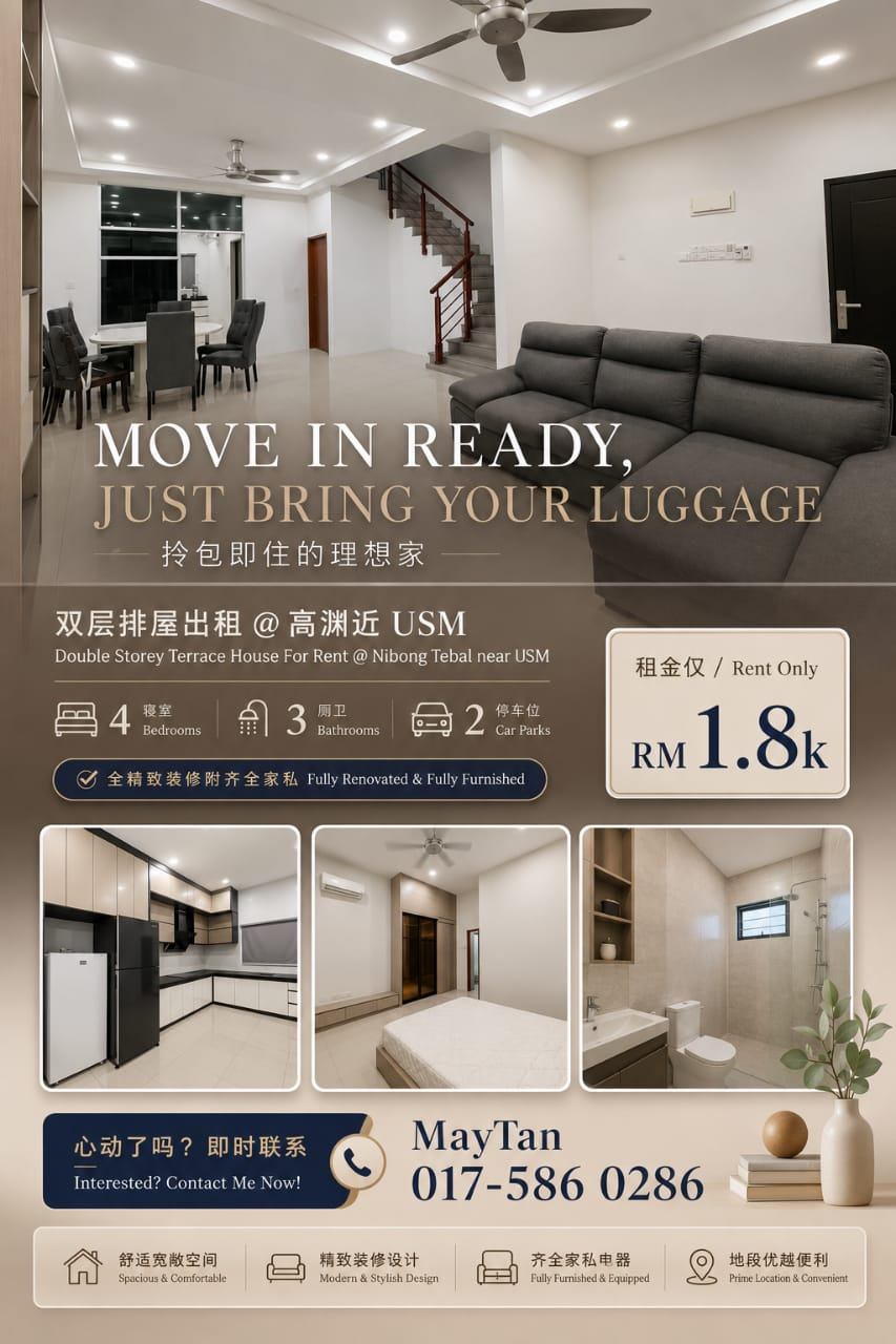 2-Storey Terraced House for Rent @ Nibong Tebal, Penang | Fully Furnished