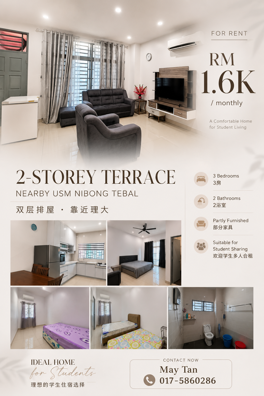 3-bedroom house in Nibong Tebal, Penang for rent — 2-Storey Terraced House for Rent Nearby USM Nibong Tebal | Fully Furnished