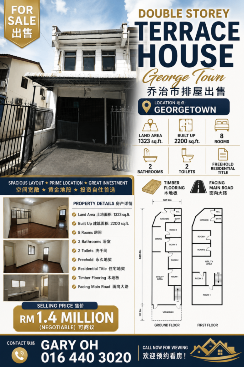Double Storey Terrace House for Sale @ Georgetown, Penang | Freehold