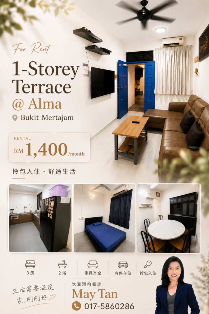 1-Storey Terraced House for Rent @ Alma, Bukit Mertajam | Fully Furnished
