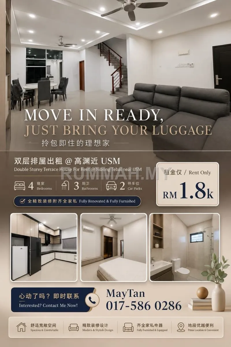 4-bedroom house in Nibong Tebal, Penang for rent — 2-Storey Terraced House for Rent @ Nibong Tebal, Penang | Fully Furnished