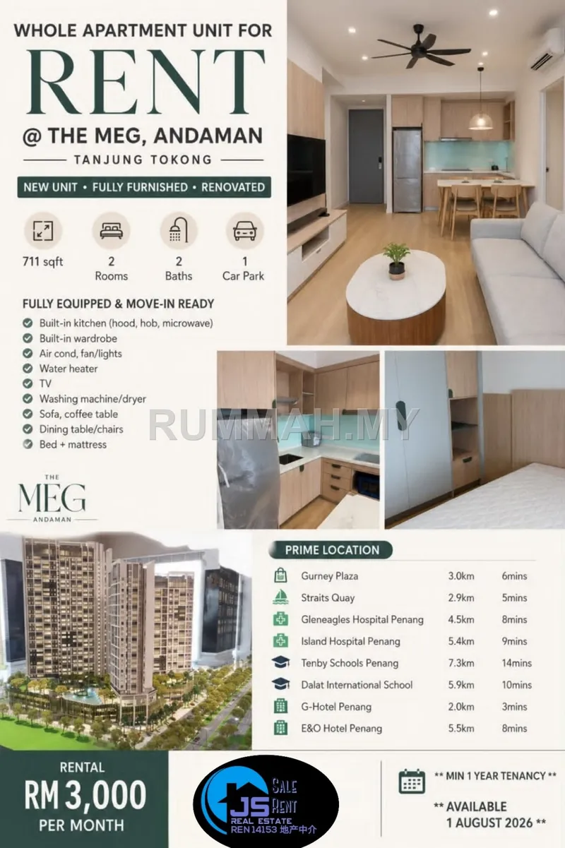 2-bedroom condo in Tanjung Tokong, Penang for rent — The Meg 