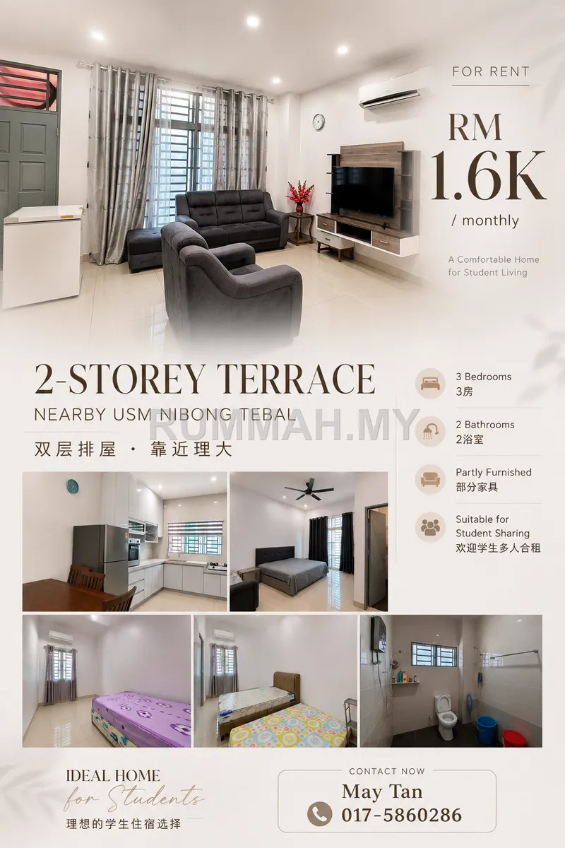 3-bedroom house in Nibong Tebal, Penang for rent — 2-Storey Terraced House for Rent Nearby USM Nibong Tebal | Fully Furnished