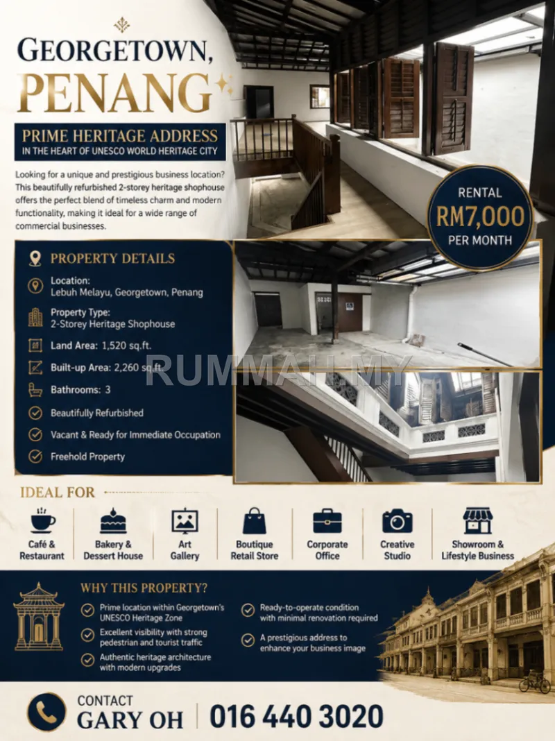 commercial in George Town, Penang for rent — GEORGETOWN, PENANG ✨  Prime Heritage Address in the Heart of UNESCO World Heritage City