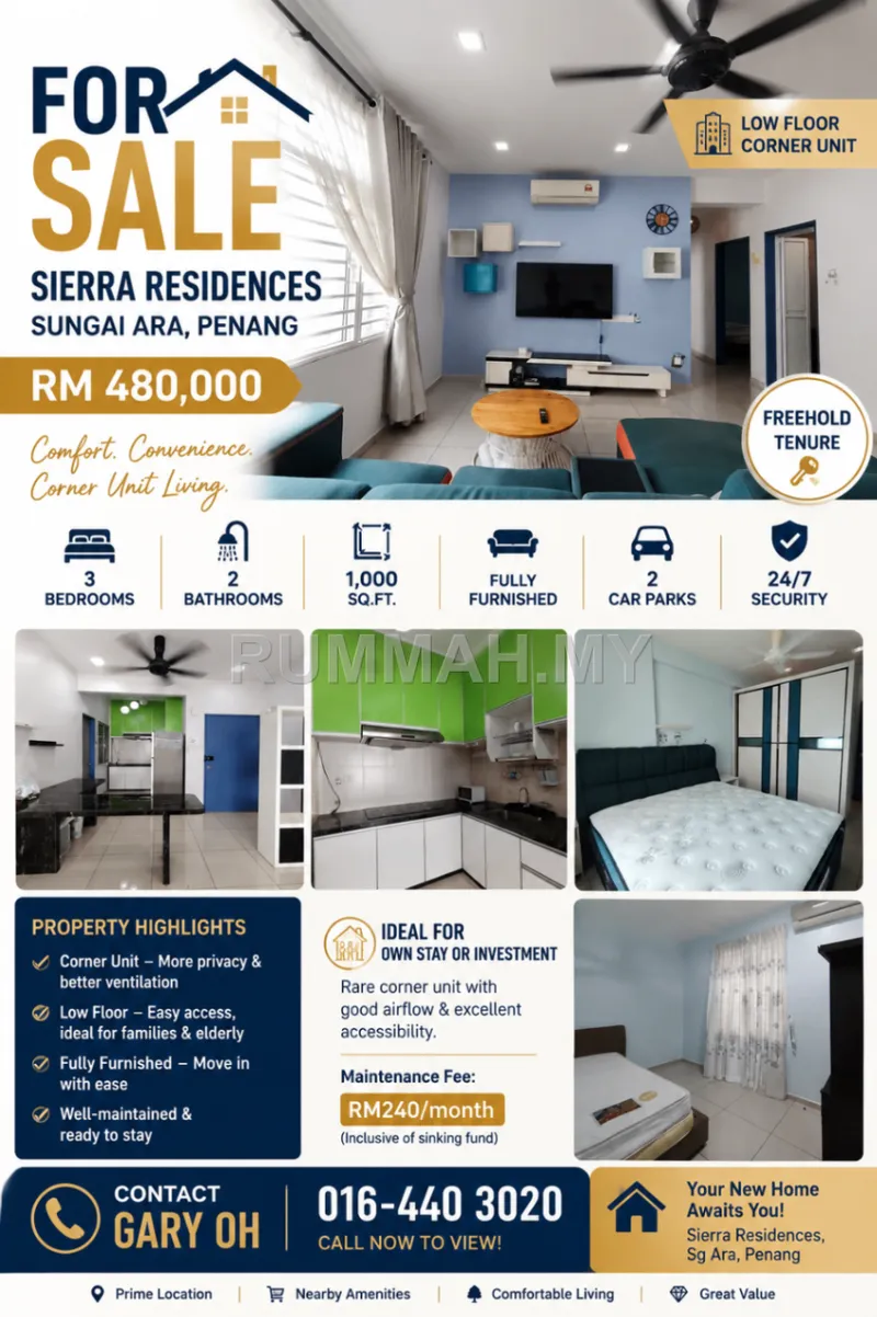3-bedroom condo for sale in Sungai Ara, Penang - Condo @ Sierra Residences, Penang Corner Unit
