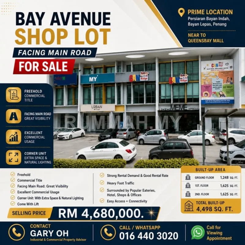 commercial in Bayan Lepas, Penang for sale — 3 Storey Shop House for Sale @ Bayan Indah, Bay Avenue | Freehold