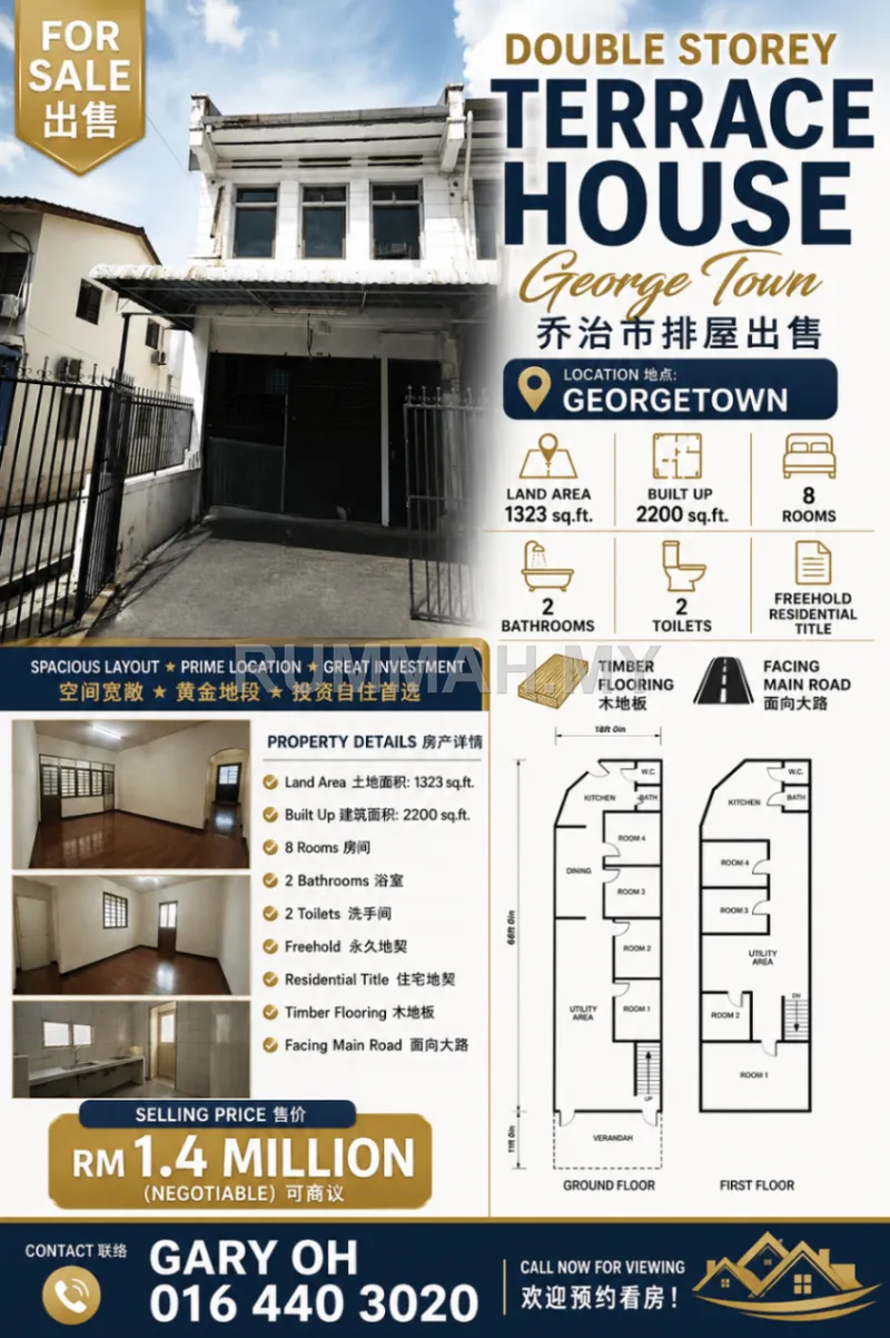 8-bedroom house in George Town, Penang for sale — Double Storey Terrace House for Sale @ Georgetown, Penang | Freehold