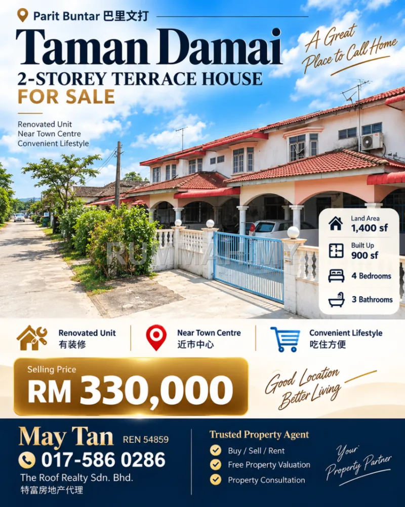 2-Storey Terraced House for Sale @ Taman Damai, Parit Buntar | Renovated