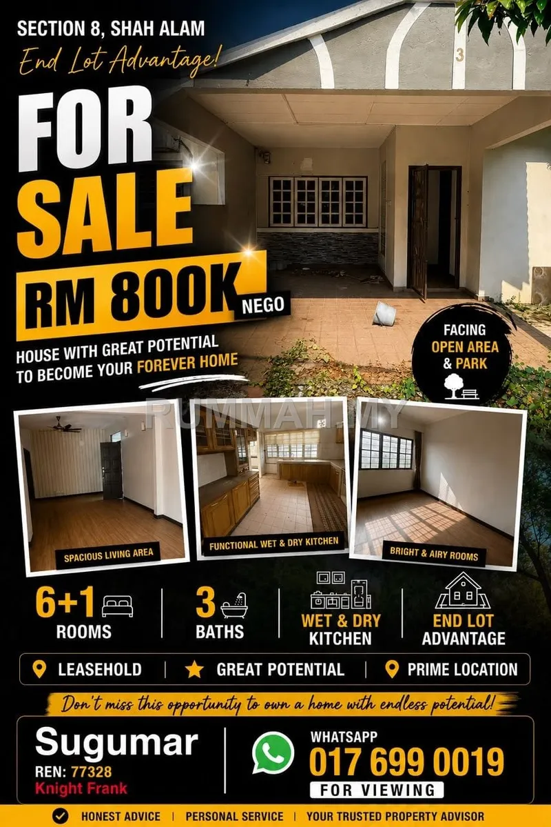 6-bedroom house in Seksyen 8 Shah Alam, Selangor for sale — 🏡 FOR SALE – End Lot, Section 8, Shah Alam