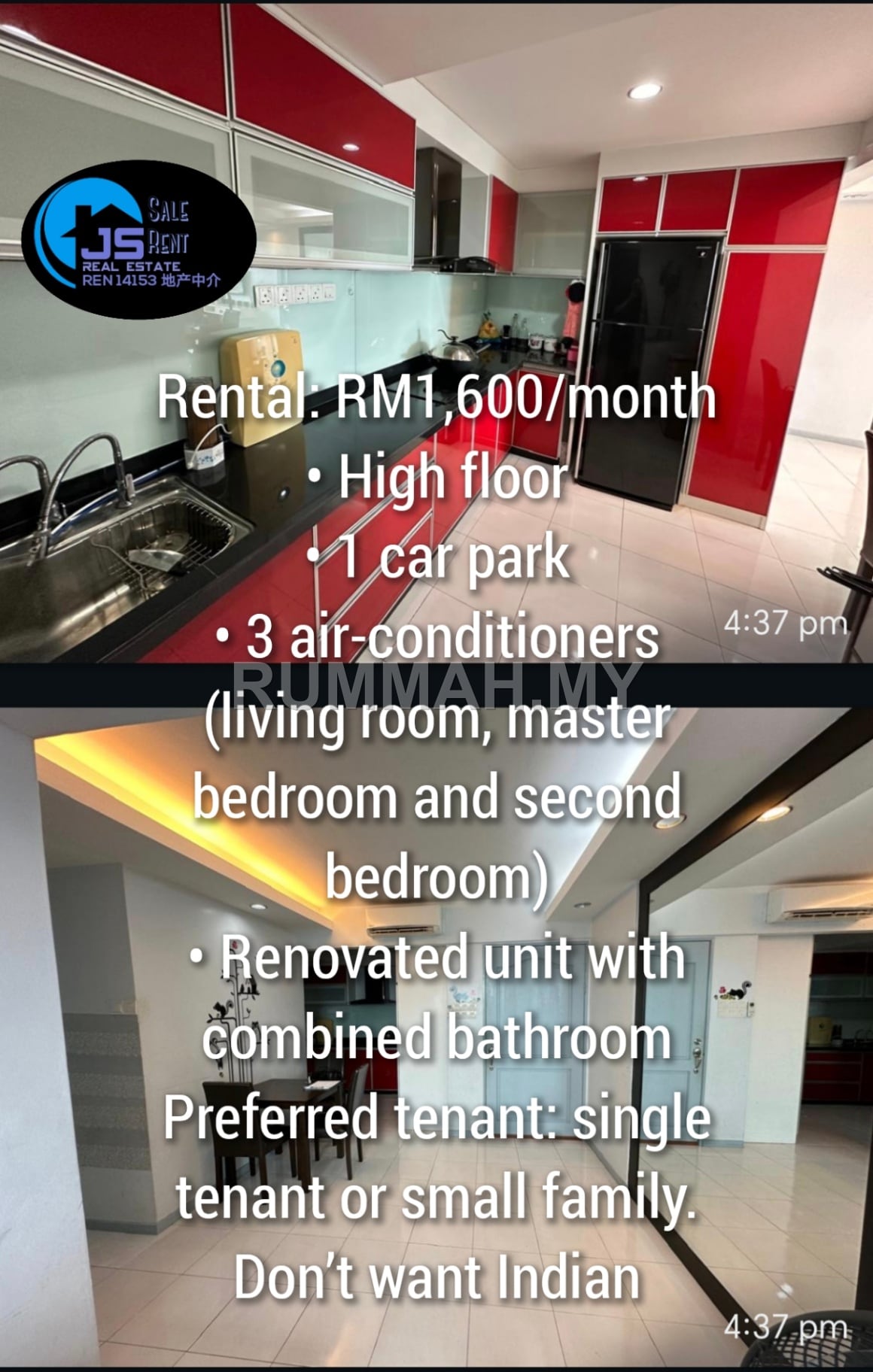 3-bedroom condo in Jelutong, Penang for rent - Harmony View 0143237789