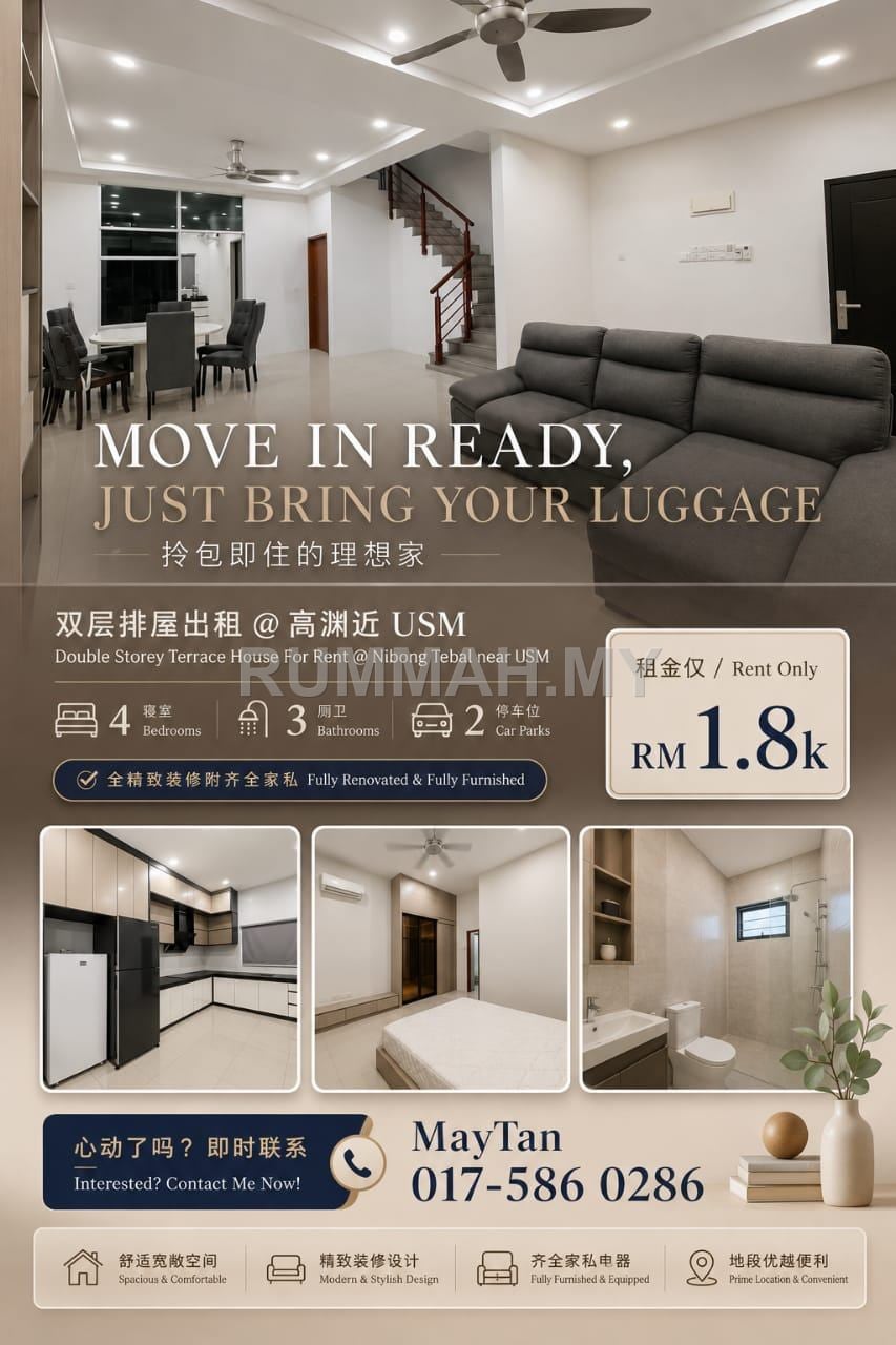 4-bedroom house in Nibong Tebal, Penang for rent - 2-Storey Terraced House for Rent @ Nibong Tebal, Penang | Fully Furnished