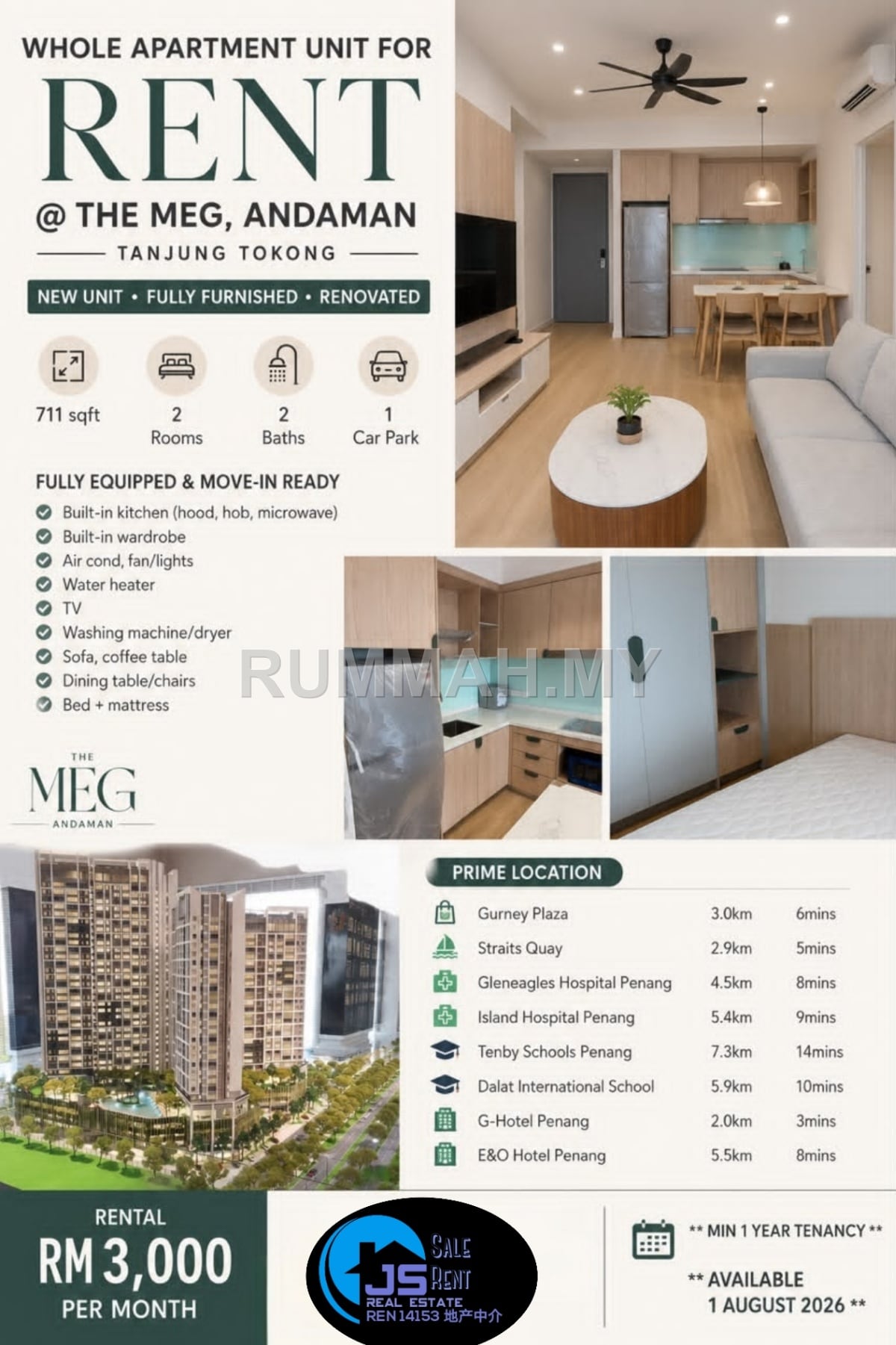 2-bedroom condo in Tanjung Tokong, Penang for rent - The Meg 