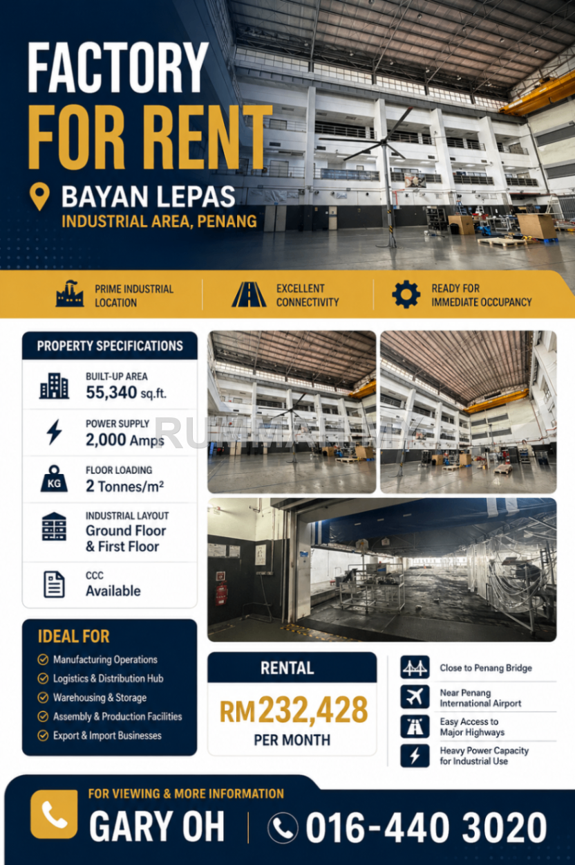 Factory for Rent @ Bayan Lepas Industrial Area, Penang | Prime Location