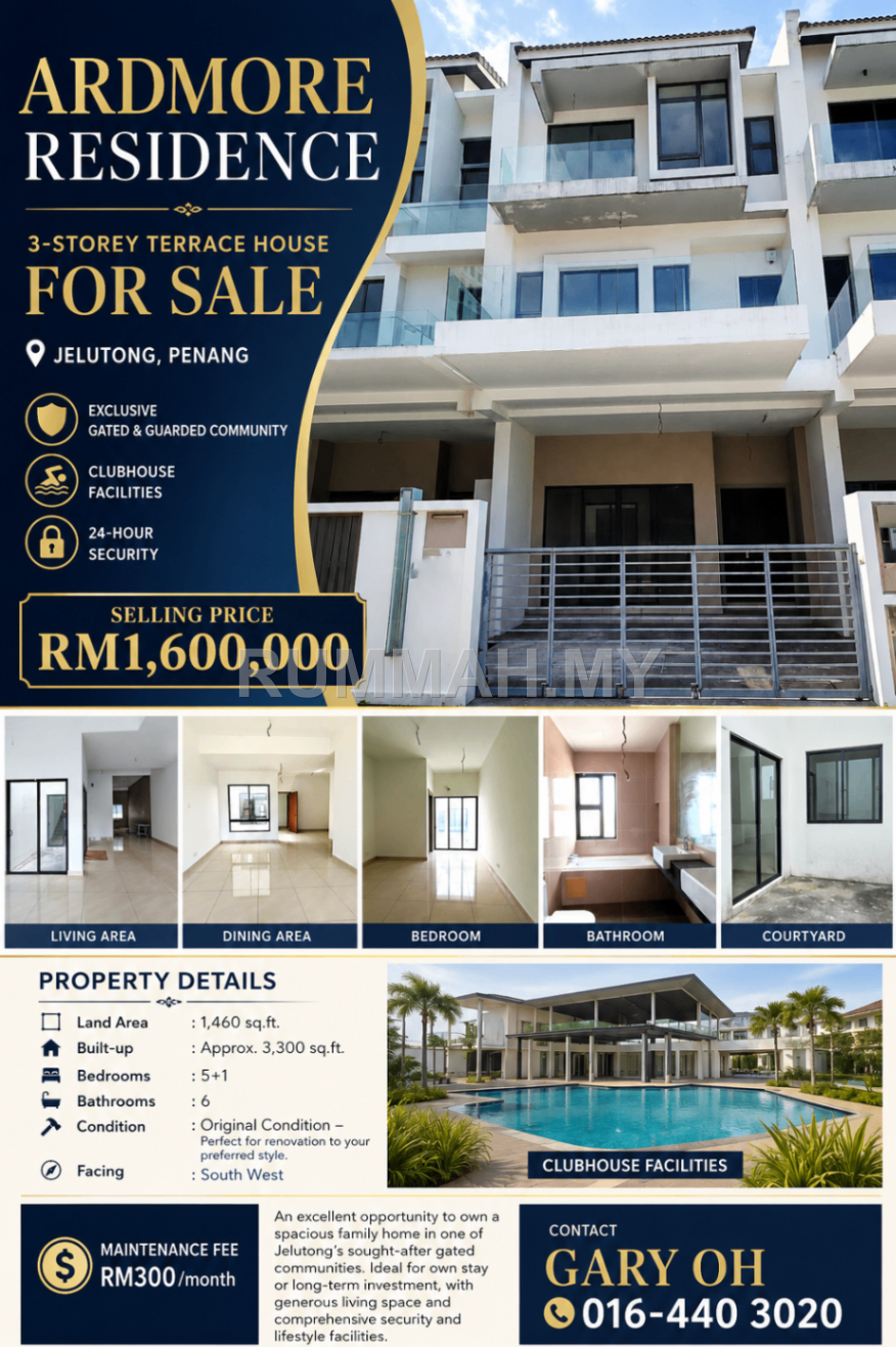 6-bedroom house in Jelutong, Penang for sale - 🏡 Ardmore Residence – 3-Storey Terrace House FOR SALE