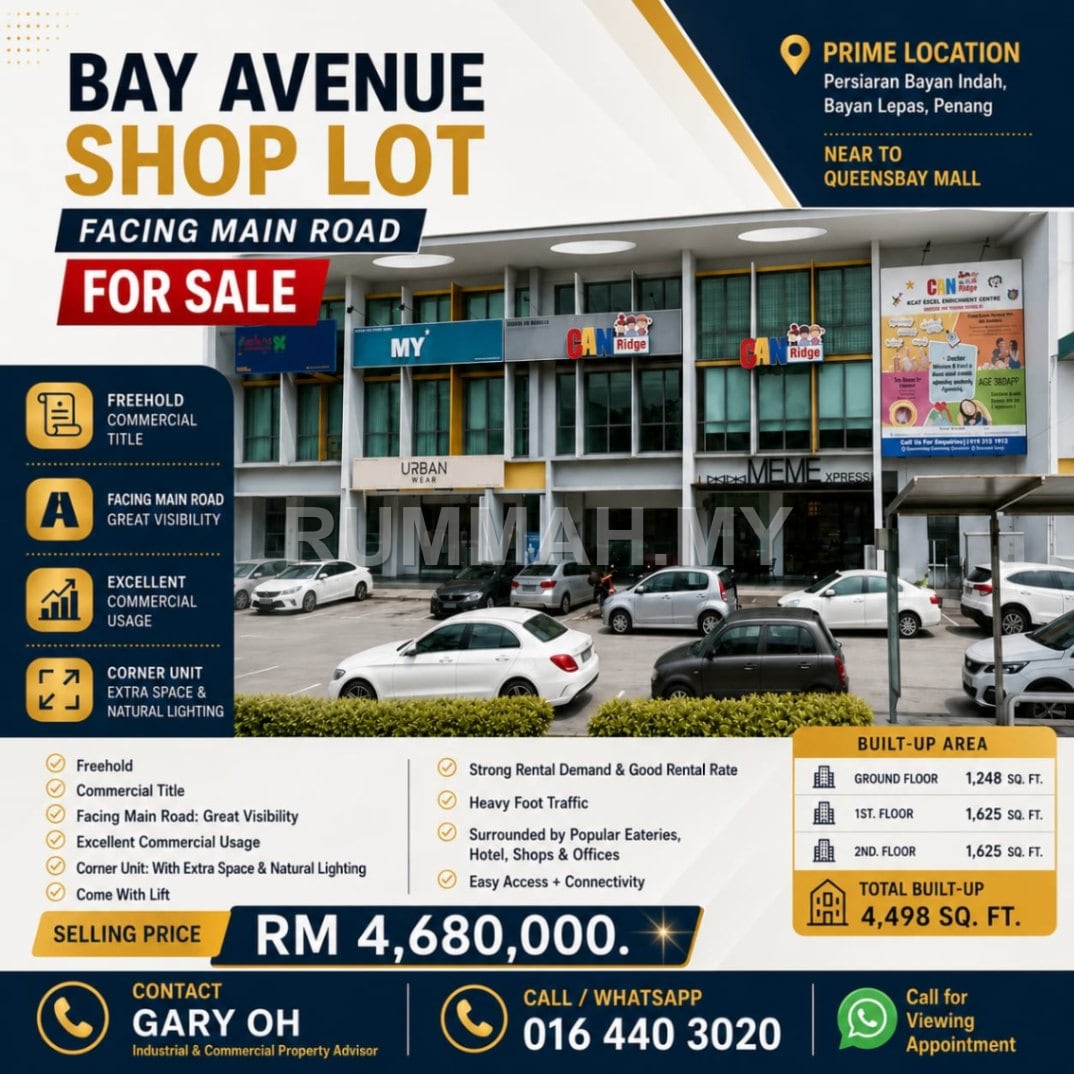 commercial in Bayan Lepas, Penang for sale - 3 Storey Shop House for Sale @ Bayan Indah, Bay Avenue | Freehold