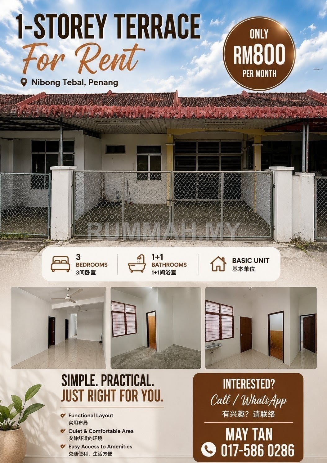 3-bedroom house in Nibong Tebal, Penang for rent - 1-Storey Terraced House for Rent @ Nibong Tebal, Nibong Tebal | Freehold