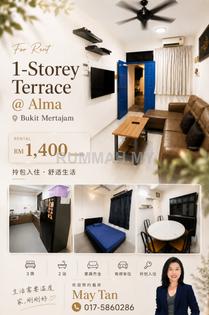 3-bedroom house in Bukit Mertajam, Penang for rent - 1-Storey Terraced House for Rent @ Alma, Bukit Mertajam | Fully Furnished