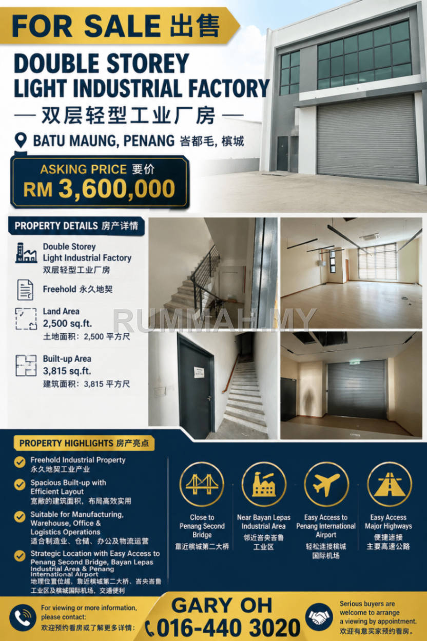 Double Storey Light Industrial Factory for Sale @ Batu Maung, Penang | Freehold