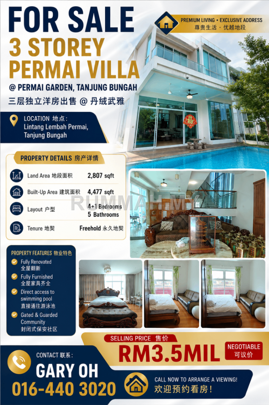 3 Storey Villa for Sale @ Permai Garden, Tanjung Bungah | Freehold