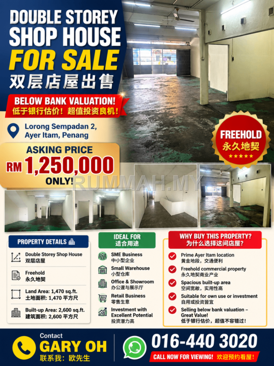 Double Storey Shop House for Sale @ Lorong Sempadan, Ayer Itam | Freehold