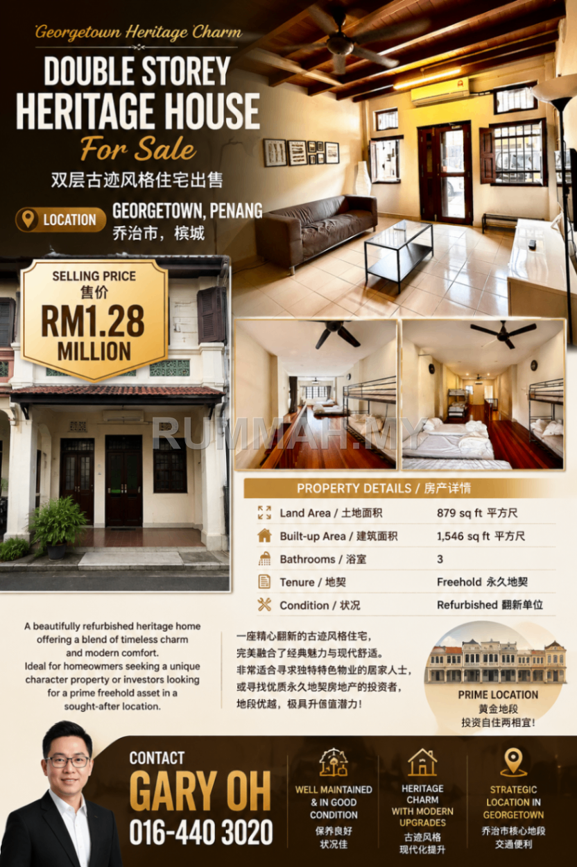 Double Storey Heritage House for Sale @ Georgetown, Penang | Freehold