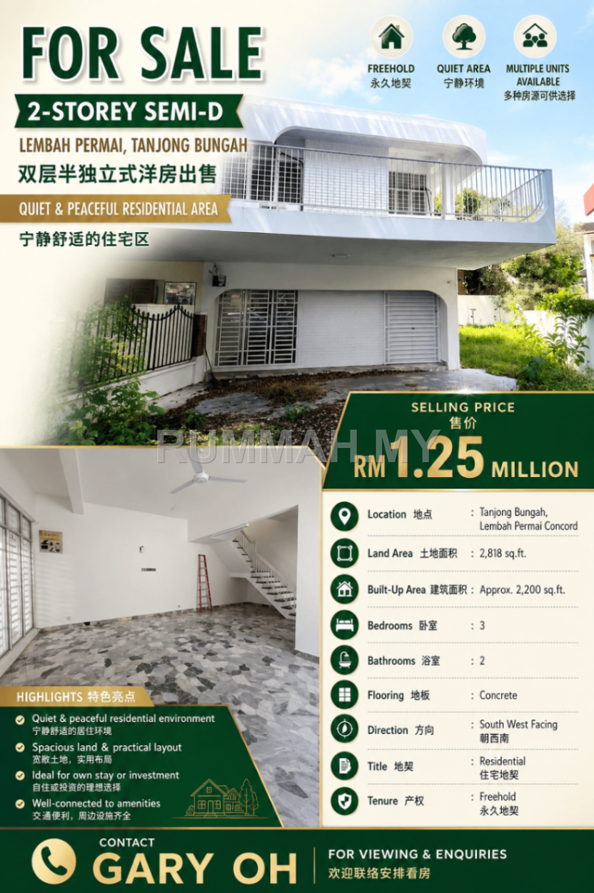 2-Storey Semi-D for Sale @ Lembah Permai, Tanjong Bungah | Freehold