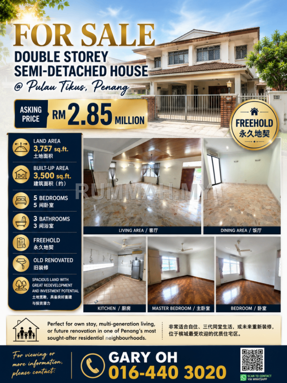 Semi-Detached House for Sale @ Pulau Tikus, Penang | Freehold