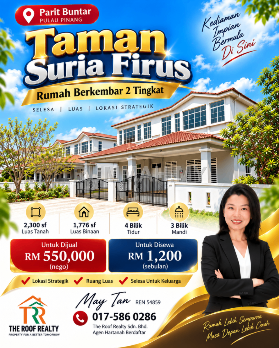 4-bedroom house in Parit Buntar, Perak for sale - Semi-Detached House for Sale @ Taman Suria Firus, Parit Buntar | Freehold