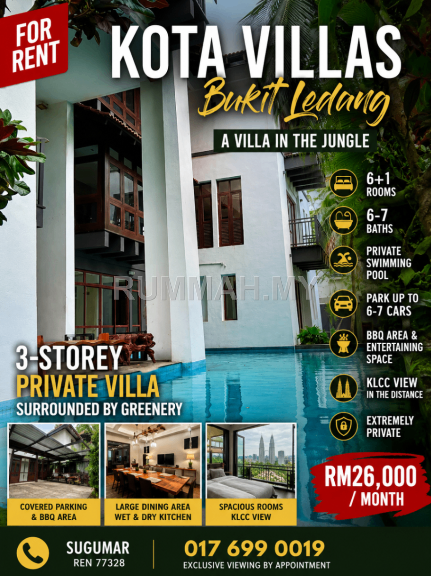 6-bedroom house in Bukit Ledang, Kuala Lumpur for rent - Kota Villas, Bukit Ledang – 3-Storey Private Villa with Swimming Pool