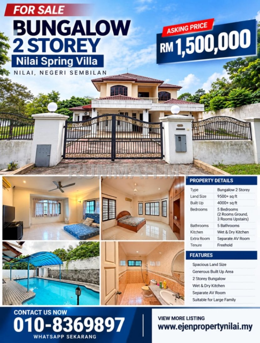 5-bedroom house in Bandar baru nilai, Negeri Sembilan for sale - BUNGALOW 2 TINGKAT UNTUK DIJUAL DI NILAI SPRING VILLA
