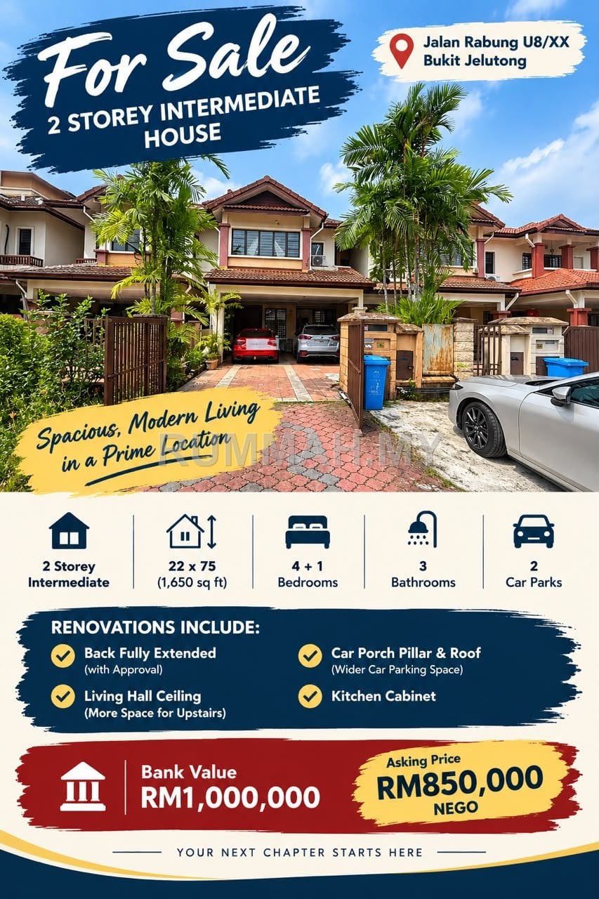 4-bedroom house in Bukit Jelutong, Selangor for sale - 🏡 2-Storey Intermediate House @ Bukit Jelutong — RM850K Nego