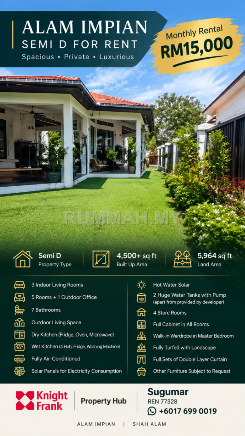5-bedroom house in Alam Impian, Selangor for rent - Luxury Semi-D for Rent in Alam Impian | 5,964 Sq Ft Land