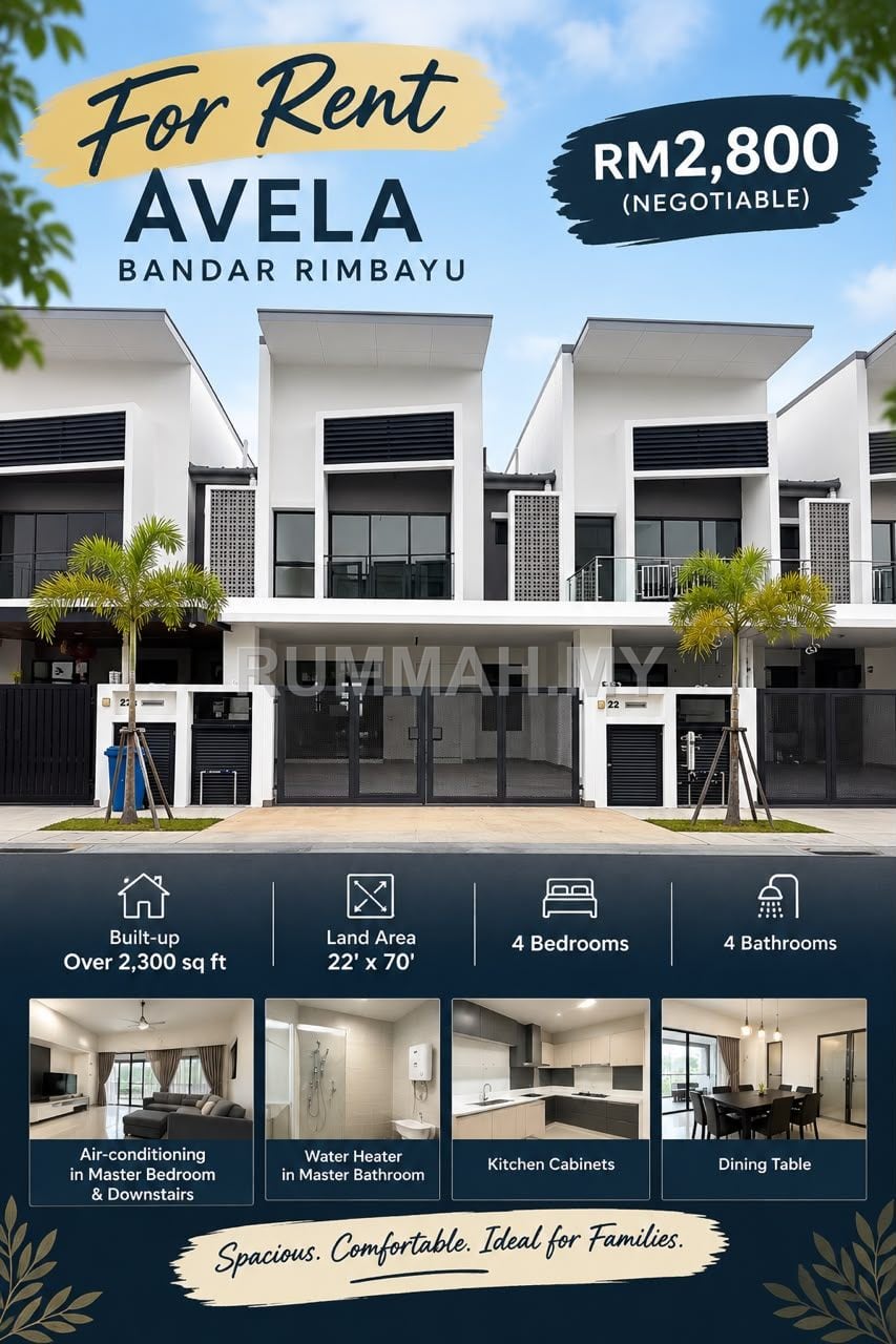 4-bedroom house in Bandar Rimbayu, Selangor for rent - Avela, Bandar Rimbayu | 4 Bedroom | 4 Bathroom | RM2,800 Negotiable
