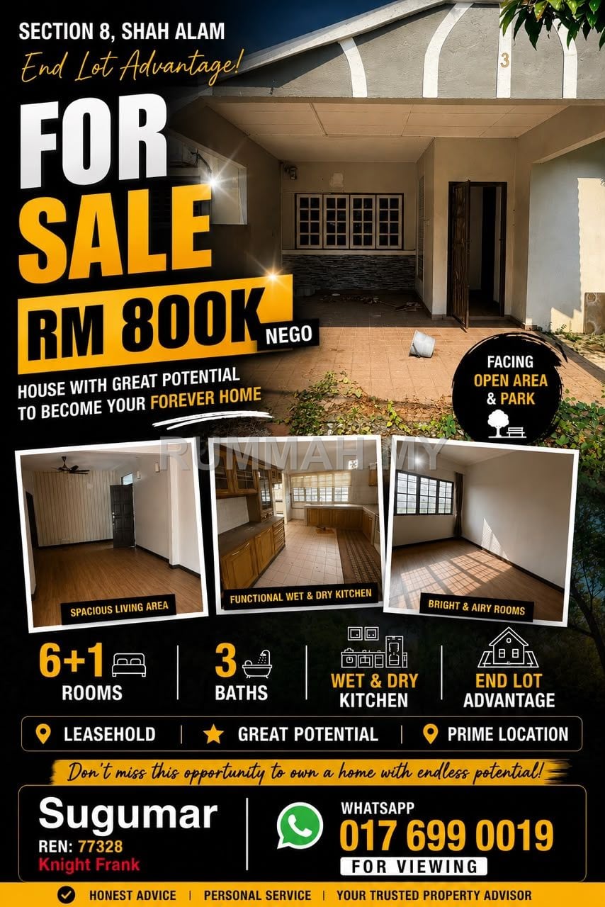 6-bedroom house in Seksyen 8 Shah Alam, Selangor for sale - 🏡 FOR SALE – End Lot, Section 8, Shah Alam